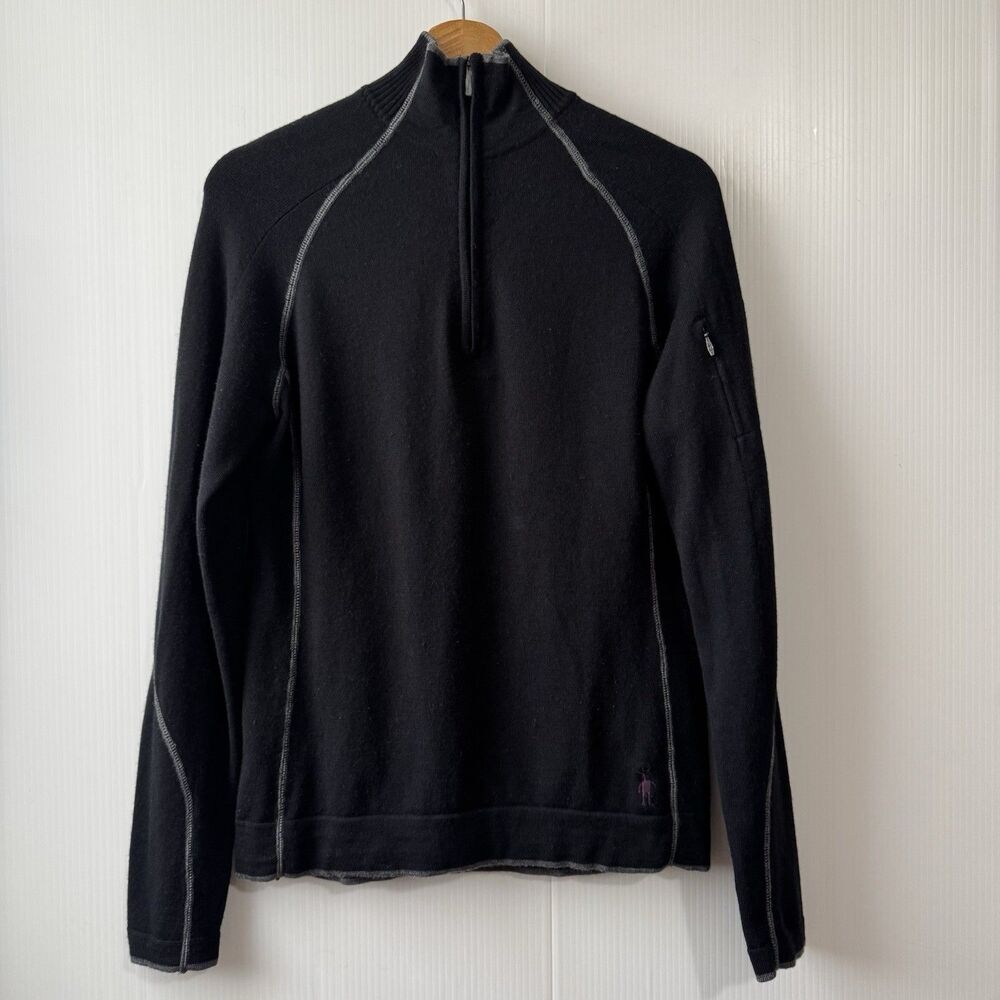 Smartwool Merino Wool Base Layer Quarter Zip Pullover Womens M Black Pocket